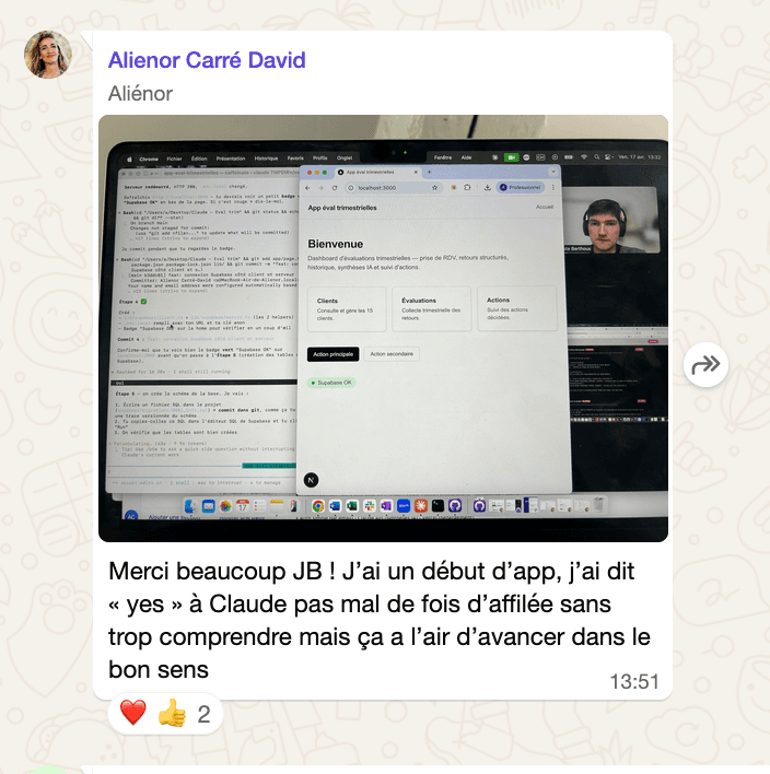 Message WhatsApp d'Aliénor dans le groupe Builder avec capture de l'app éval trimestrielles créée pendant le bootcamp